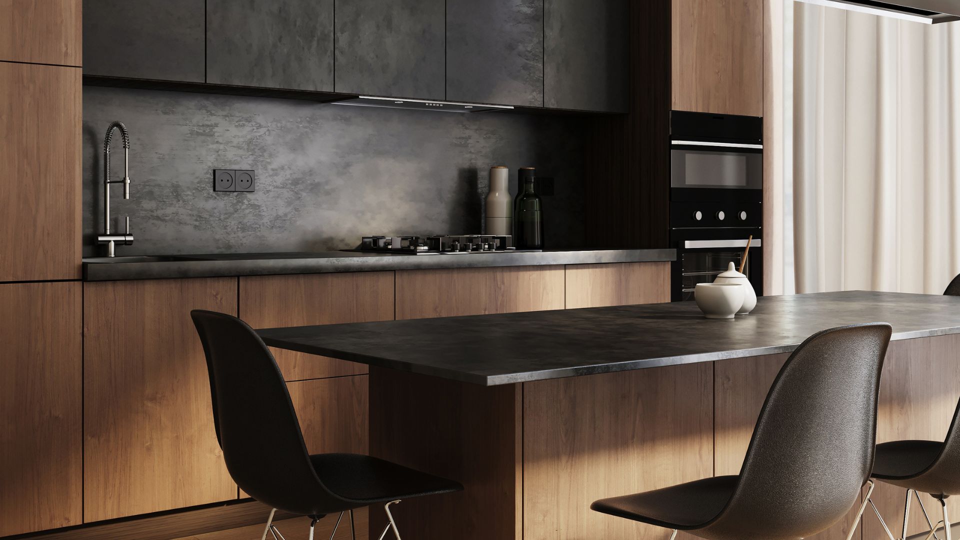 modern kitchen with dark colour palette and wooden finishes